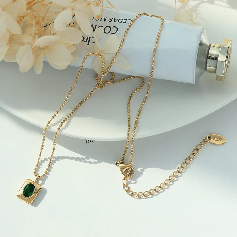 18k Gold Plated Stainless Steel Jewelry Diamond Cubic Zirconia Green Zircon Pendant Vintage Emeralds Necklace