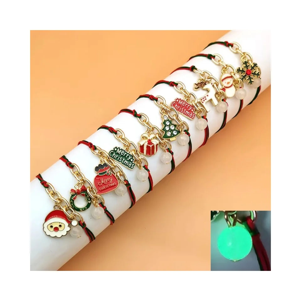Cute String Braided Bracelet Handmade Luminous Beads Santa Claus Snowflake Charms Christmas Accessories for Kids