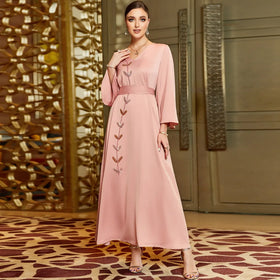 Abaya Femmes Robe Musulmane V-neck Long Sleeve Solid Color Abaya Dress Belt Muslim Abaya Elegant Women's Maxi Dress