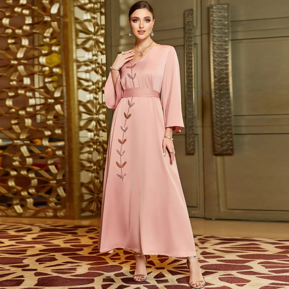 Abaya Femmes Robe Musulmane V-neck Long Sleeve Solid Color Abaya Dress Belt Muslim Abaya Elegant Women's Maxi Dress