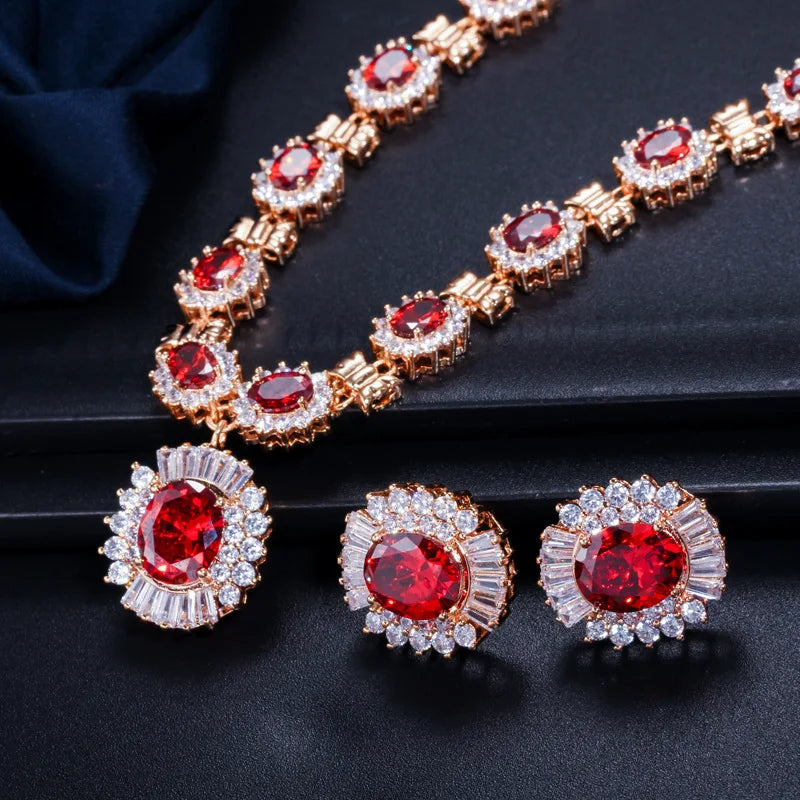 Noble Rose Gold Plated Women Crystal Jewelry Set Zirconia Bracelet Necklace 2 Piece Wedding Gift Party
