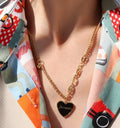 50cm Length Stainless Steel Forever Leter Black Resin Heart Pendant Necklace