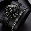 2Pcs/Set Black Mens Quartz Watch with Bracelet Fashion Analog PU Leather Wrist Watch Her King Bracelet Set (WT2287)
