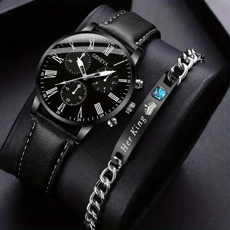 2Pcs/Set Black Mens Quartz Watch with Bracelet Fashion Analog PU Leather Wrist Watch Her King Bracelet Set (WT2287)