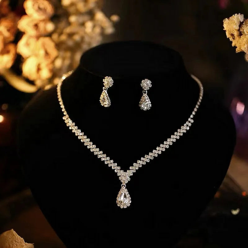 JXTL210850 Hot Selling Fashion Bridal Jewelry Set Teardrop Rhinestones Necklace Earrings Set Wedding Jewelry Sets