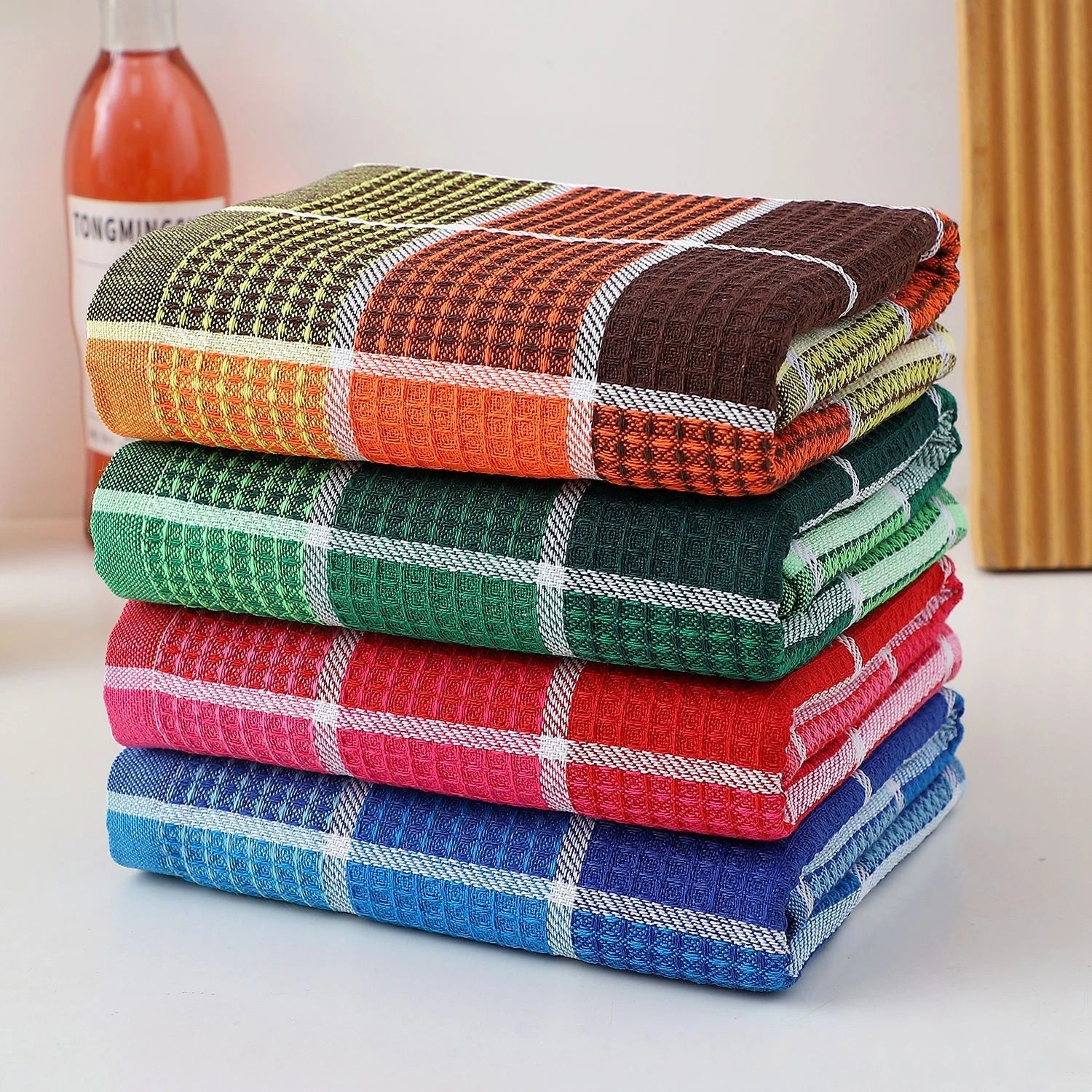 Household Absorbent Cotton Cleaning Cloths Quick Drying Colorful Checkered Cotton Waffle Square Towels for Kitchen Dish