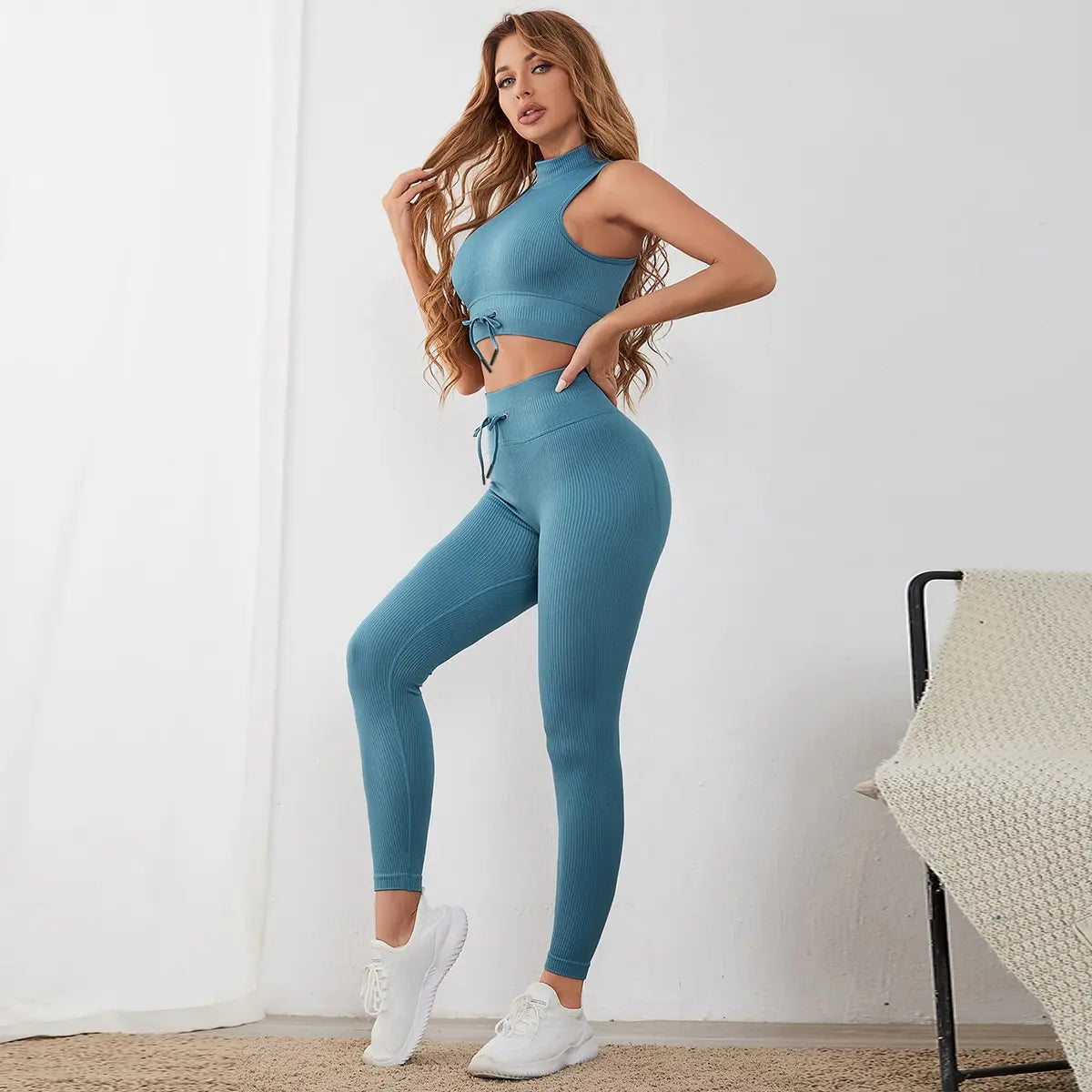 FLW Seamless Four-Way Stretch Yoga Suit Set Breathable Tank Top and Pants Elastic Waist Closure Logo on Waist