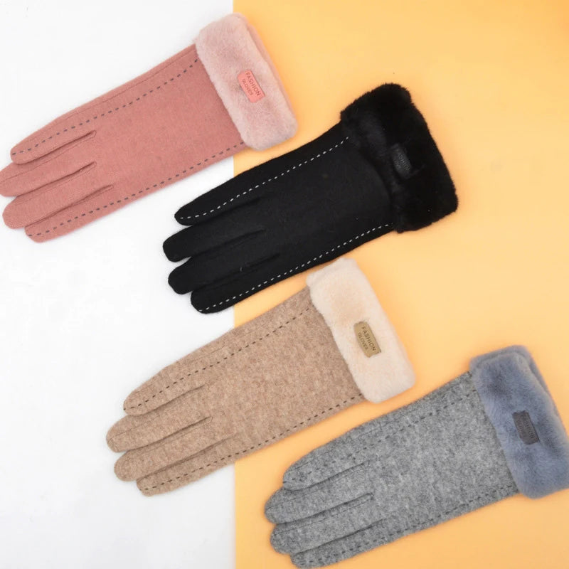 Factory Wholesale Winter De Rong Wool Warm Gloves for Women Elegant Faux Fur Cuff Gloves for Ladies