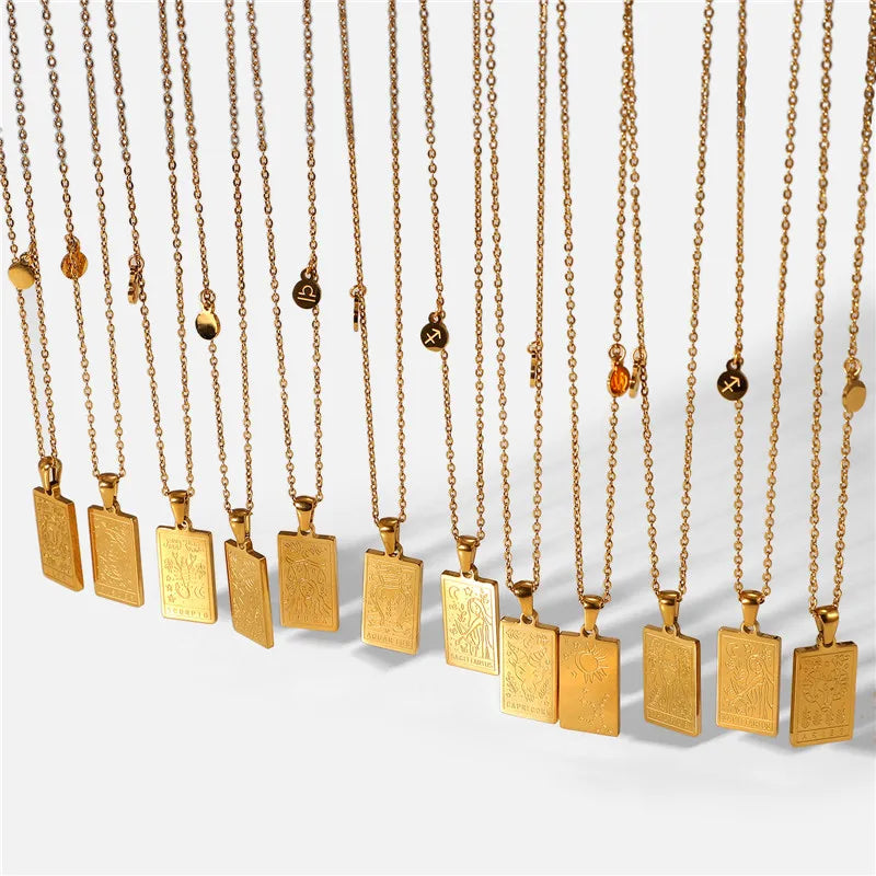 Personalized Astrology Square 12 Zodiac Tarot Card Jewelry 18k Gold Plated Stainless Steel Zodiac Sign Tarot Pendant Necklace