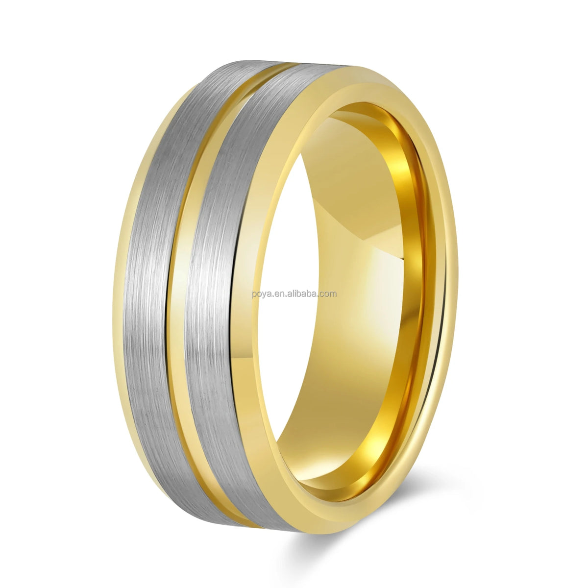 POYA Unisex Trendy Tungsten Ring Plated Gold Beveled Edges Silver Engagement Rings for Wedding Gift Stylish Vintage Design MegaBDM
