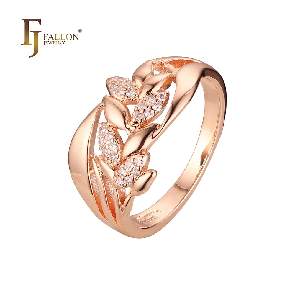 FJ Fallon Fashion Jewelry Flower Leaves Fashion Rings with Leaves Plated in Rose Gold Brass Based