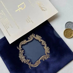 New Product Navy Blue Velvet Sleeve Pocket Wedding Invitation Gold Foil Insert Page With Tassel