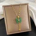 2022 New Design Natural Green Jade Butterfly Pendant Necklace No Fade Stainless Steel Chain Butterfly Necklace