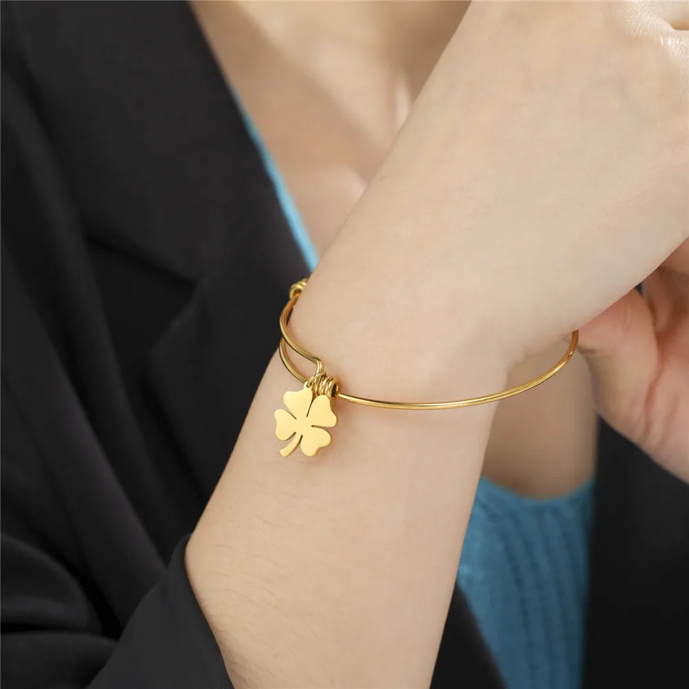 Myshape Four-leaf Clover Bracelet for Women Stainless Steel Gold Color Adjustable Lucky Bangle Fashion Jewelry Gift Wholesale