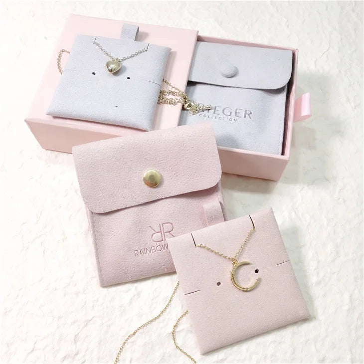 CH Custom Logo Jewelry Packaging Pouch Envelope Snap Button Microfiber Jewelry Pouch with Insert Pad