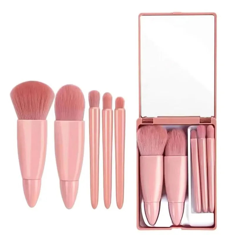 5pcs Portable Makeup Brushes Set with Mirror Travel Mini Cosmetic Brush for Foundation Powder Lip Eyeshadow Kabuki Make up Tools