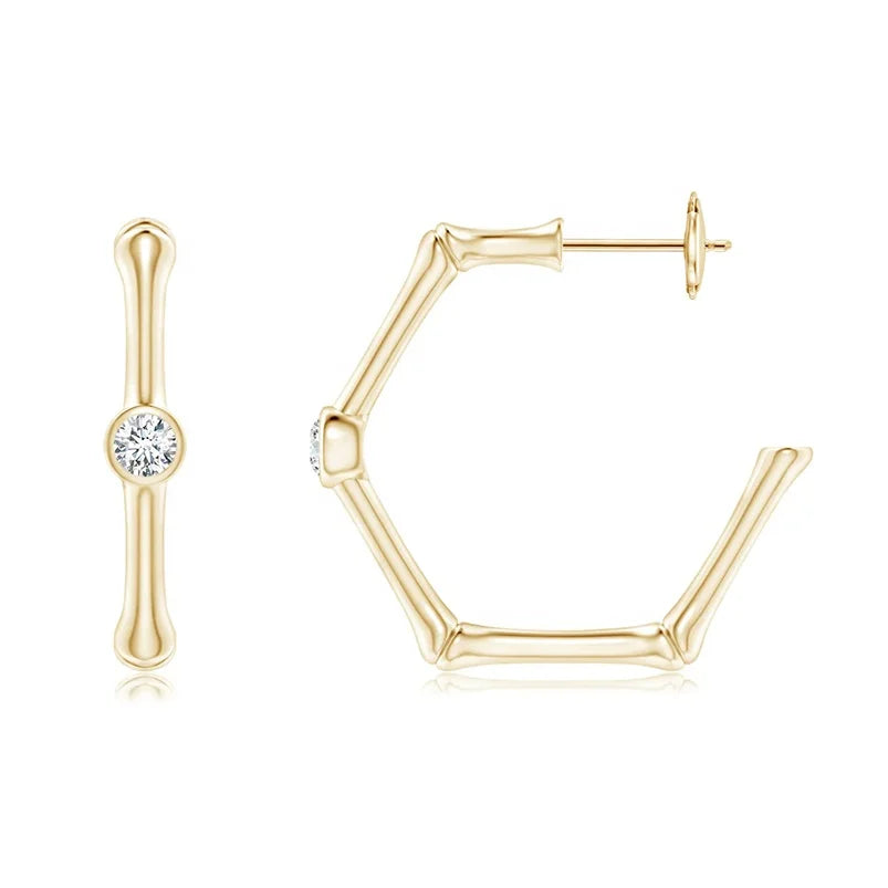 Gemnel Bezel Diamond Bamboo 925 Silver 18k Yellow Gold Hoop Earrings Wholesale Women Jewelry