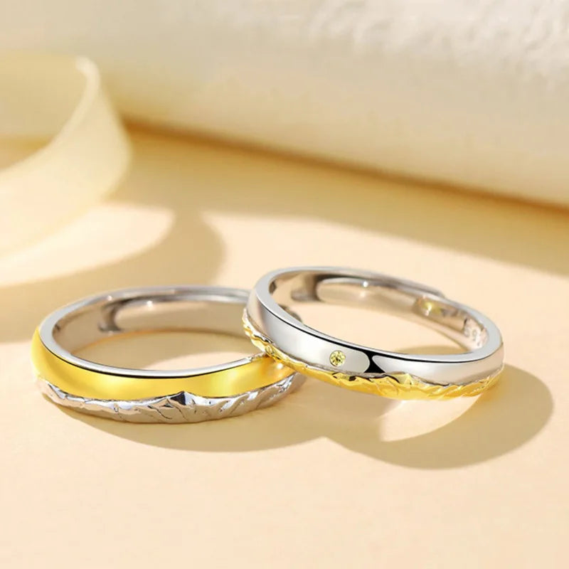 Romantic Design Silver Plated Couple Ring Sunset Mountain Wedding Finger Ring Set Zircon Diamond Couple Rings for Women Men