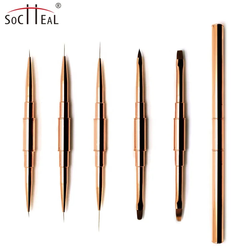 Luxury Rose Gold Metal Handle Nylon Hair Custom Logo Liner Flat 3D Gel Oval Slated Ombre 5Pcs Nail Art Brush Set