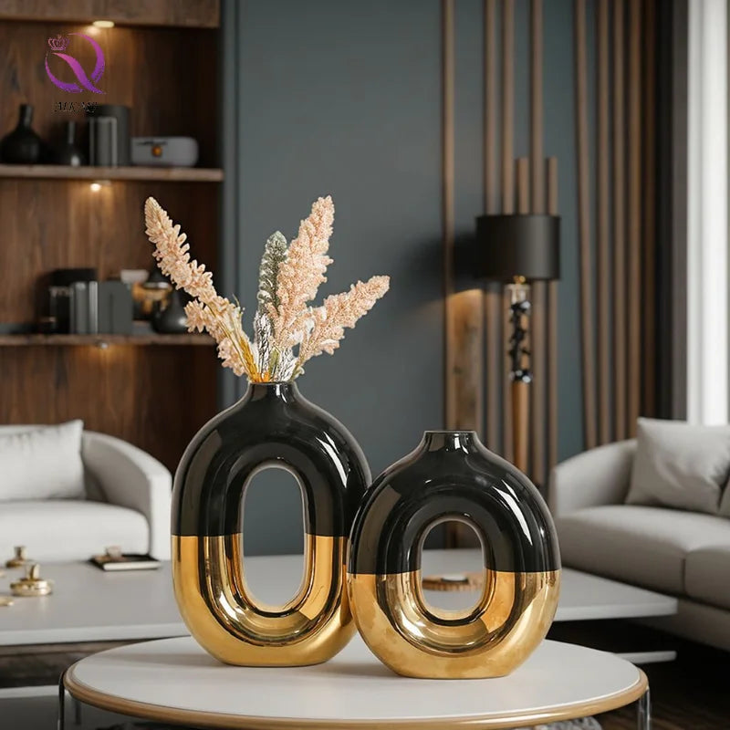 Light Luxury Golden Flower Vase Round Shape Contrast Color Ceramic Vase Hollow Donought Vase for Home Decor