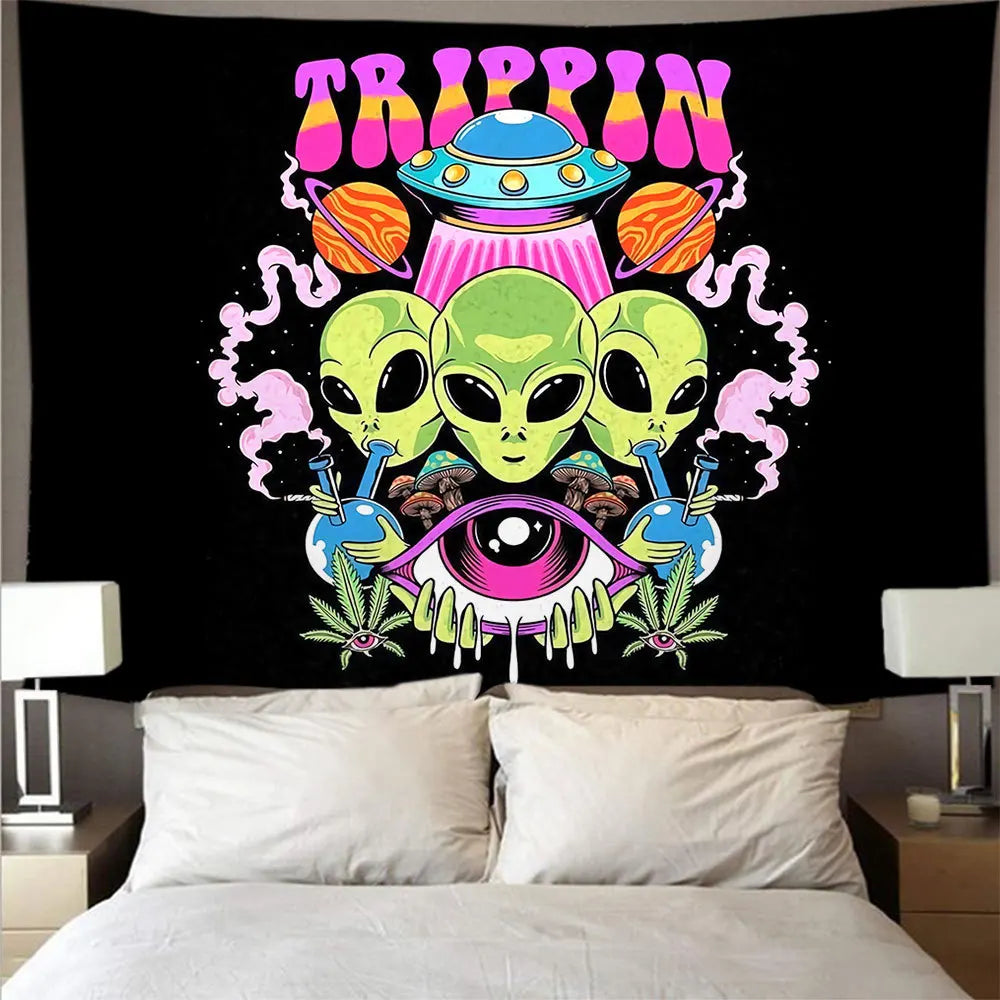 Hippie Psychedelic Printed Washable Eco-Friendly Fluorescent 100% Cotton/Polyester Woven Wall Tapestry Customizable Home