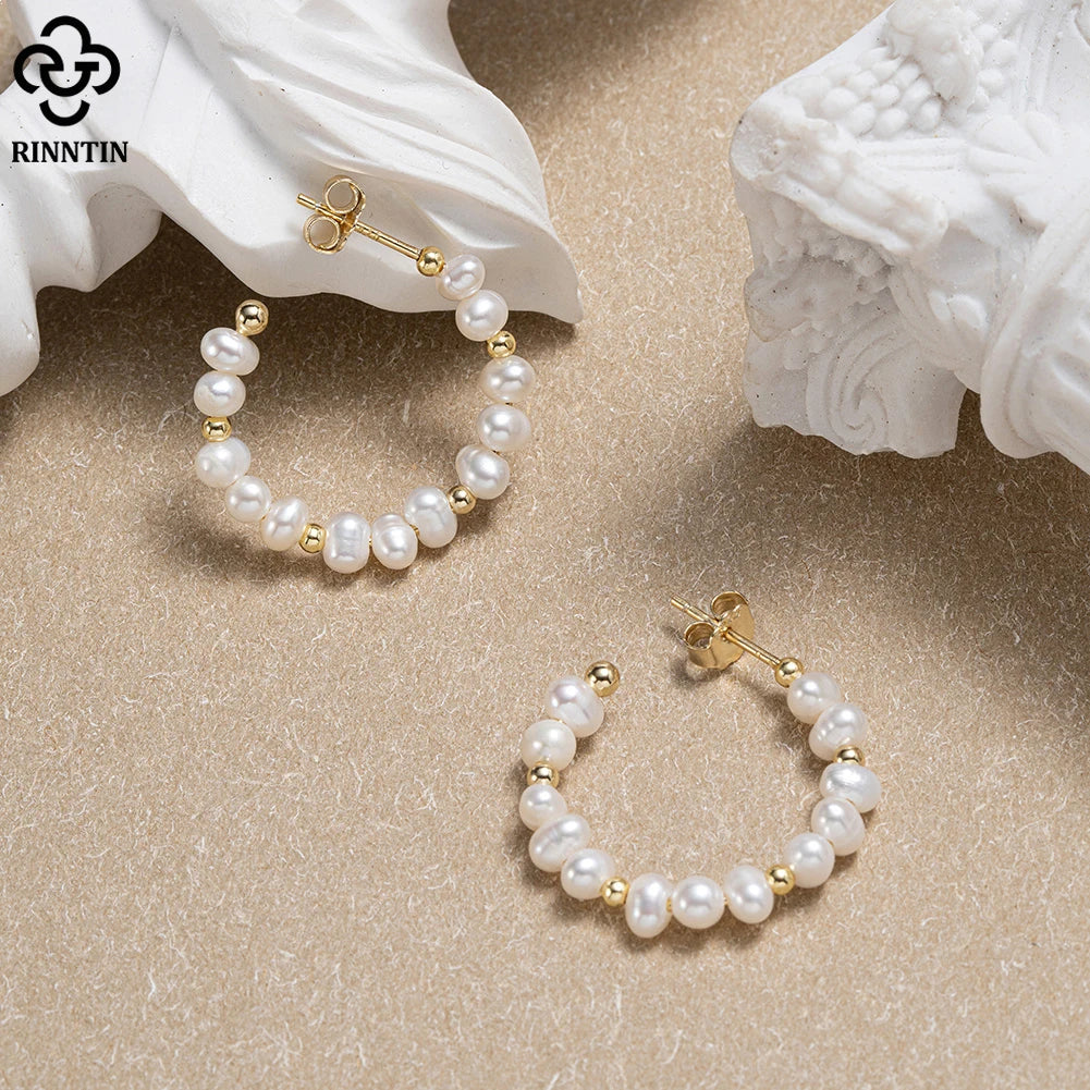 RINNTIN GPE70 New Arrival Fashion Jewelry Hoop Earrings 14k Gold Plated 925 Sterling Silver C-shaped Pearl Earrings Women
