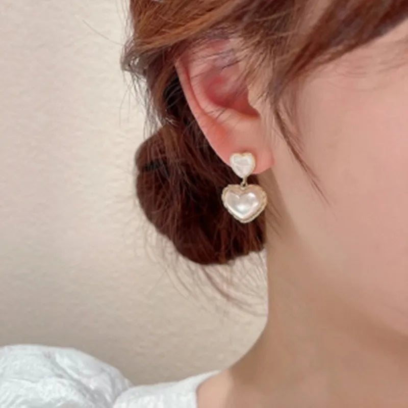 1Pair Luxury Jewelry Micro Pave Love Pearl Drop Earrings 925 Silver Needle Double Love Shape Earrings for Women