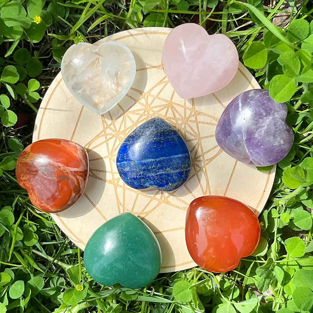 9PCS Palm Tumbled Heart Worry Stone for Anxiety Relief Healing Crystals Craft Sets 7 Chakra Heart Shaped Stones Balancing Reiki