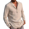 Hot Selling Men's Long Sleeved V-neck Blouse Top Casual Solid Color Beach Cotton Linen Shirts