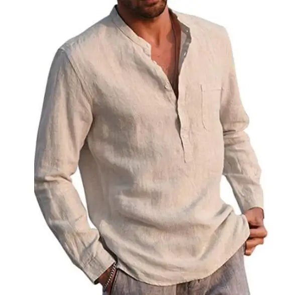 Hot Selling Men's Long Sleeved V-neck Blouse Top Casual Solid Color Beach Cotton Linen Shirts