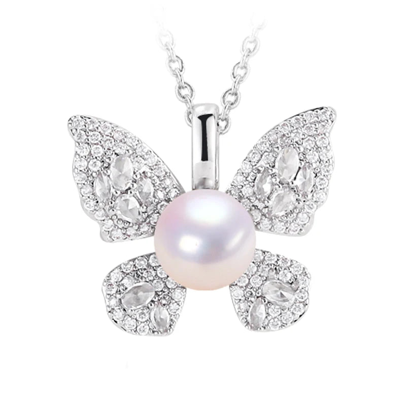 Wholesale Woman's Trendy 18K Gold Plated Zircon Butterfly Pearl Pendant Real Natural Pearl Necklace Jewelry