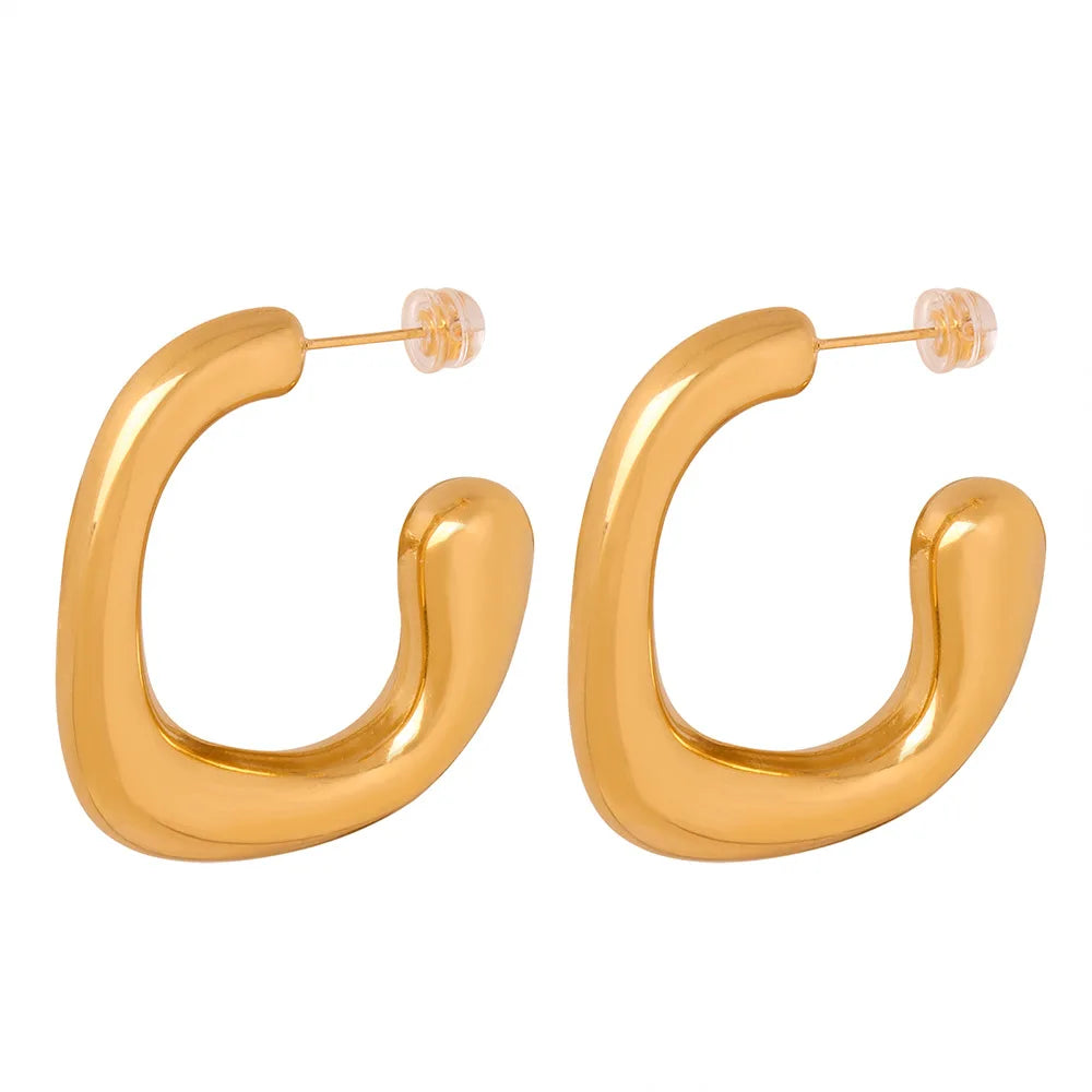 Fashion Tarnish Free Trendy Jewelry Stylish Women's Stainless Steel Gold Plated Hollow Tube C Shaped Hoop Stud Earring for