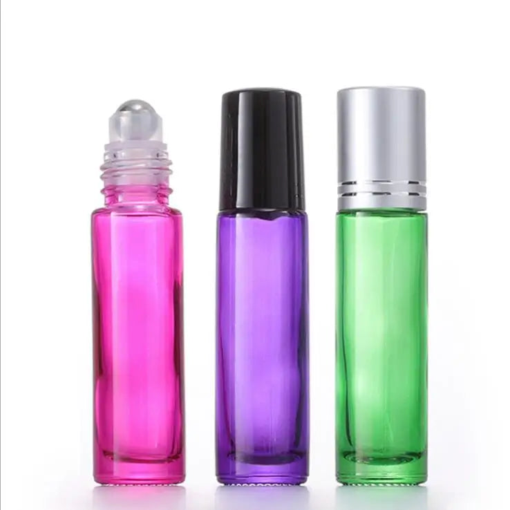 In Stock 10ml Green/purple/rose Red Glass Roll on Bottle With Steel Roller Perfume Essential Oil Roller Bottle