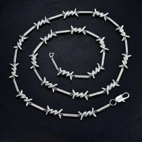 Hip Hop Bling Barbed Wire Tennis Link Chain 925 Silver Rhodium Plated Micro Pave Moissanite Iced Out Punk Rock Necklace for Men