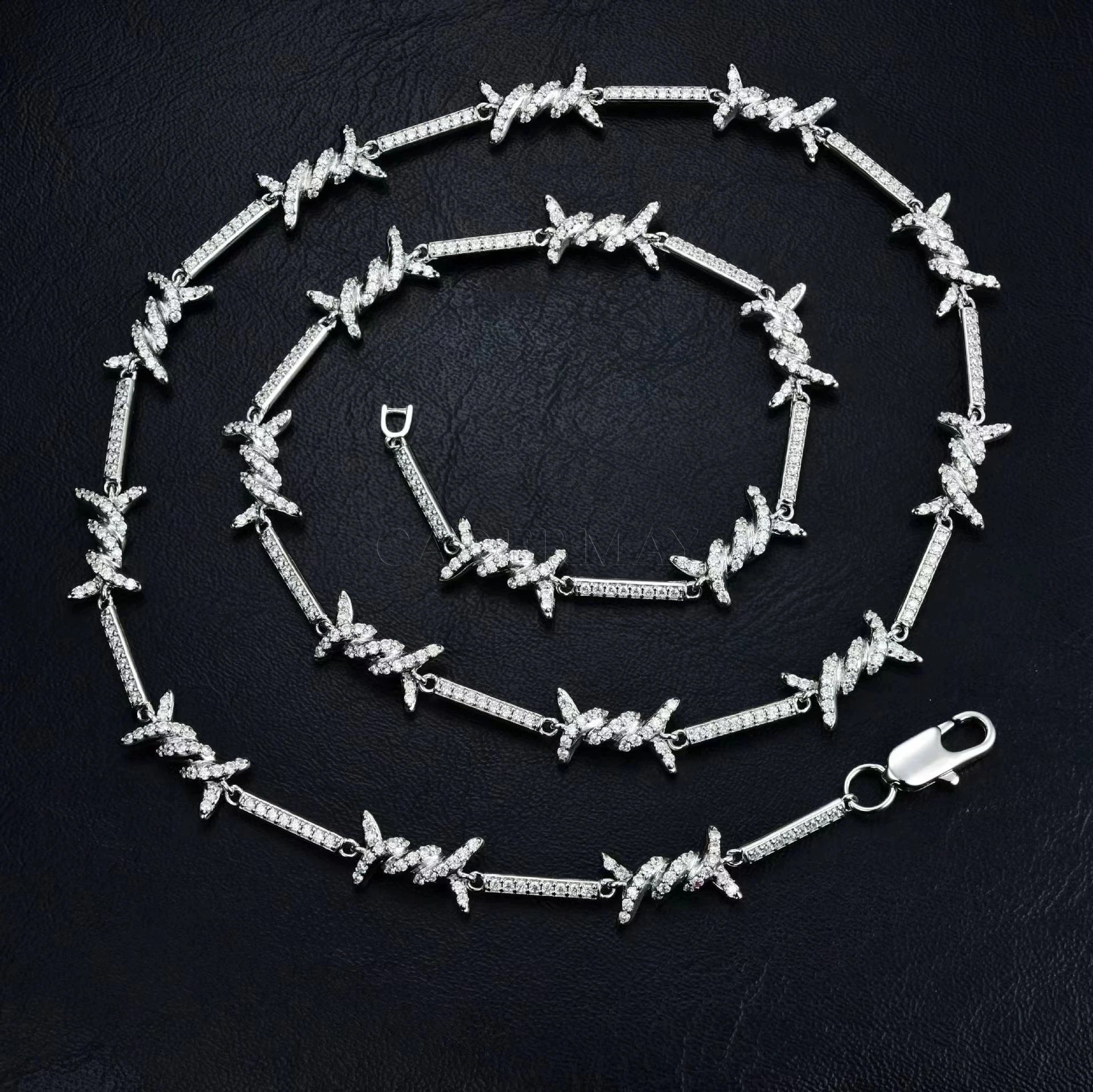 Hip Hop Bling Barbed Wire Tennis Link Chain 925 Silver Rhodium Plated Micro Pave Moissanite Iced Out Punk Rock Necklace for Men