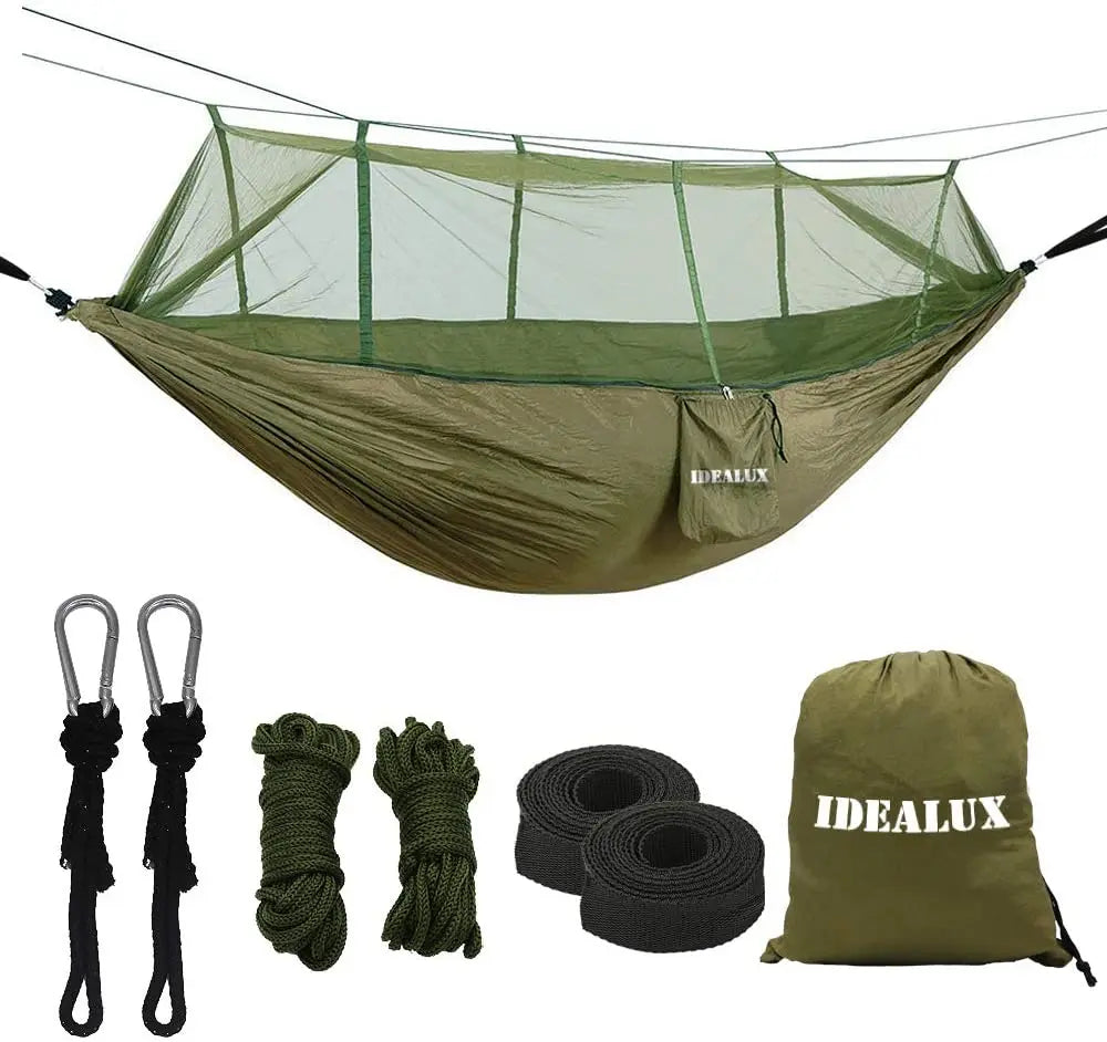 For WOQI Portable Pink Nylon Swing Parachute Hammock with Mosquito Net and Rain Fly for Camping and Hiking
