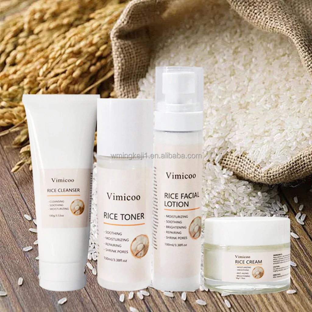 Factory Direct Rice Face Skin Care Kit Organic Brightening Firming Toner Lotion Cream Hyaluronic Acid Skin Care Set