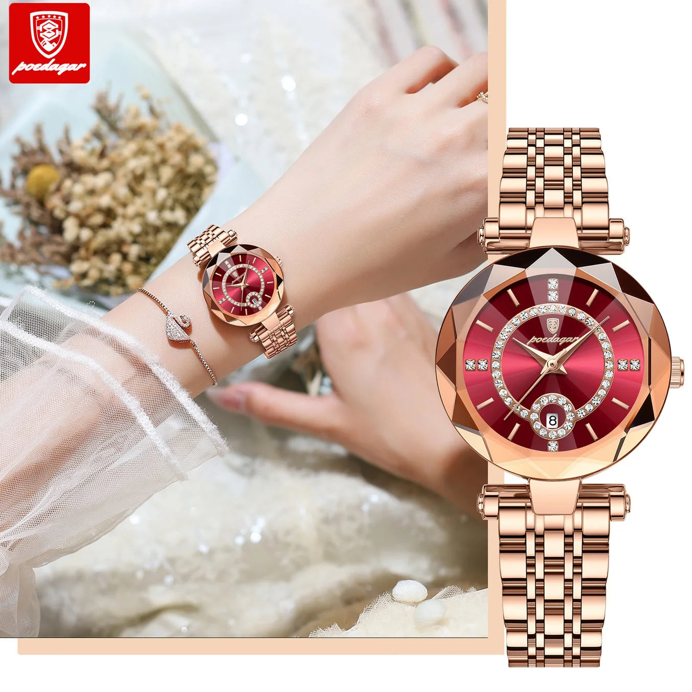 POEDAGAR 726 Diamond Cutting Glass Design Fashion Lady Watch Waterproof Date Stainless Steel Women Quartz Watches