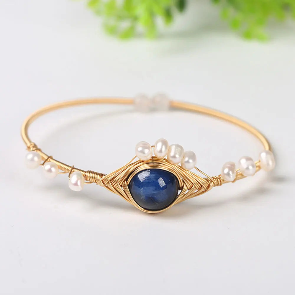 Fashion Womens Gold Moon Stone Bangle Bracelet Custom Chakra Natural Stone Aquamarine Kyanite Pearl 14K Golden Bracelets