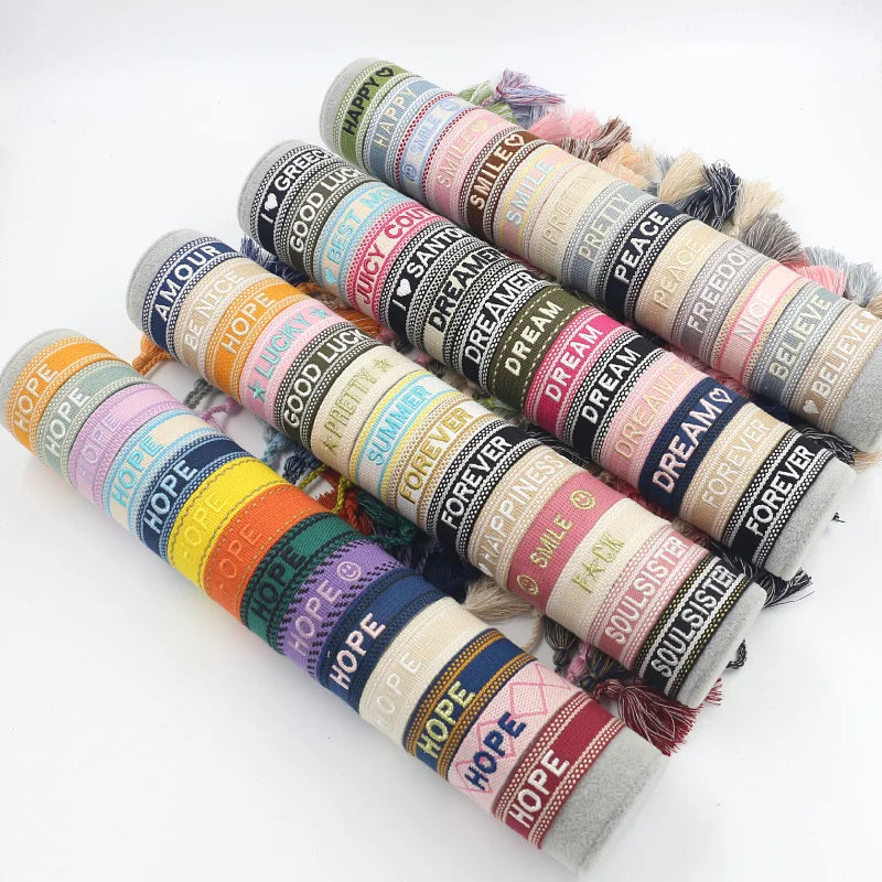 Ethnic Style Custom LOGO Embroidered Hand-woven Tassel Wrist Strap Color Webbing wristband Bracelet