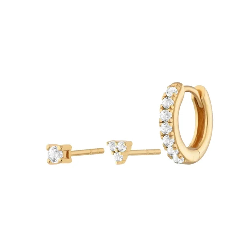 925 Sterling Silver 3pcs/set Colorful Zircon Stud Earrings Mixed Earrings