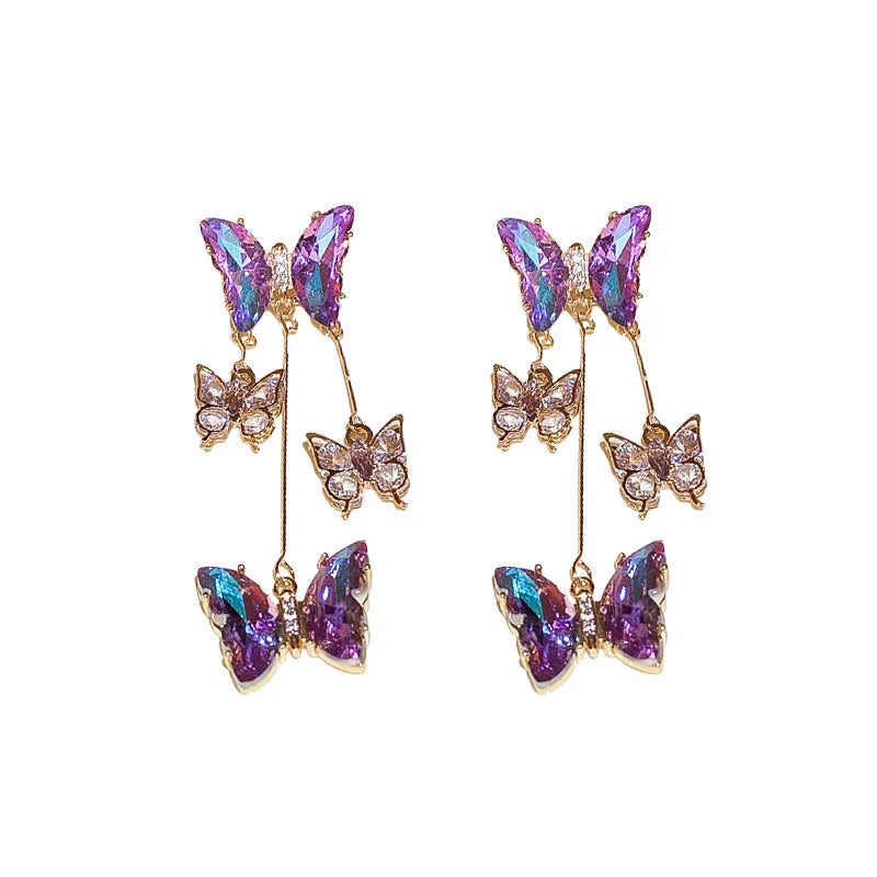 DUYIZHAO Vintage Bling S925 Sterling Silver Needle Blue Purple Zircon Butterfly Gold Long Tassel Earrings for Women Gift