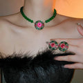Heavy Crystal Necklace Set Retro Luxury Emerald Clavicle Chain Exaggerated Jewelry Beaded Chain Green Round Necklace