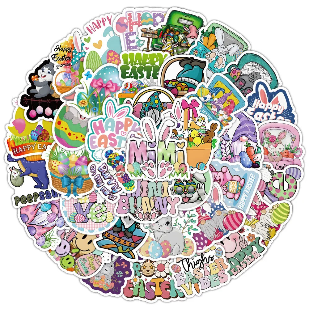 2024 Newly 50PCS Cartoon Dwarf Bunny Rabbit Egg Happy Easter Sticker