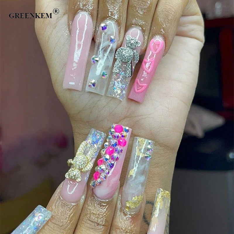 GREENKEM 3D Gold Wing Bear Nail Art Decorations Crystal Alloy Pearl Zircons Rhinestone Charms Diamond Bear Nail