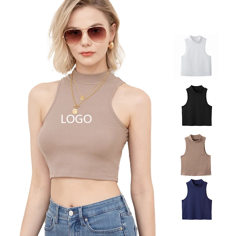 Women's Ribbed Crop Tank Top Size XL Turtle Neck Cropped Tight Vest Custom Logo Design Casual Spring Knitted Fabric Sleeveless