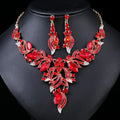Luxury Red Crystal Rhinestone Pendant Necklace and Earrings Set Gold Plated for Wedding Party or Bridal Fashion for Women