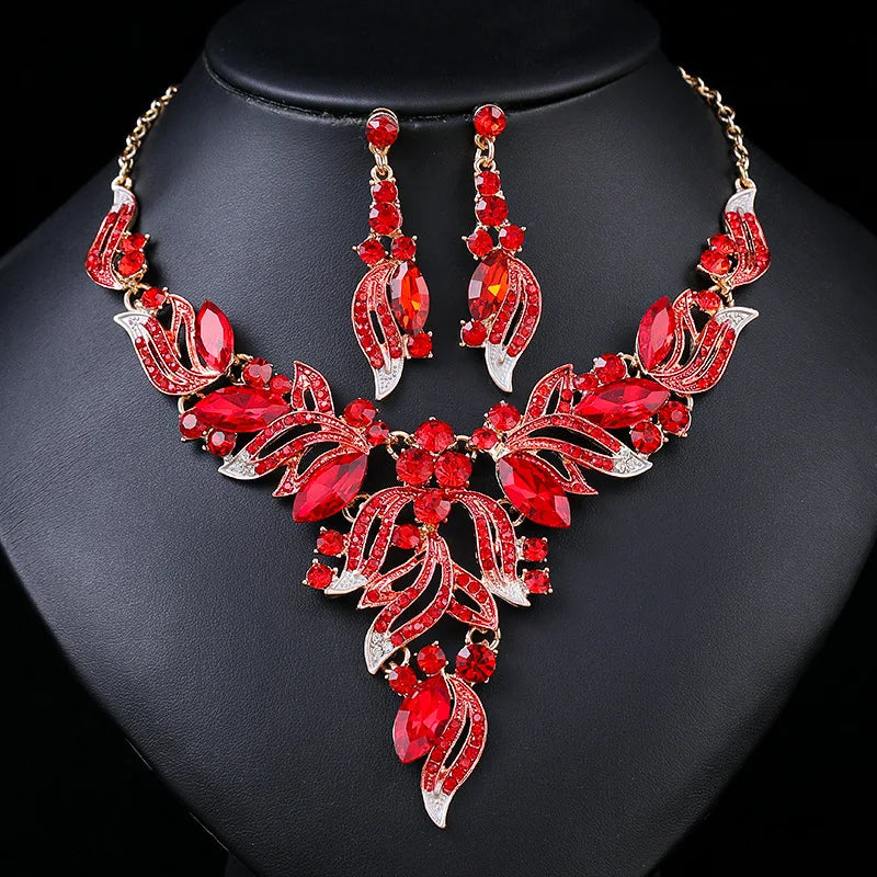 Luxury Red Crystal Rhinestone Pendant Necklace and Earrings Set Gold Plated for Wedding Party or Bridal Fashion for Women