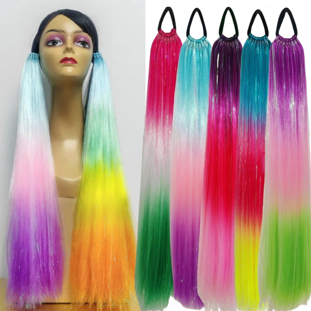3tones Tinsel Ponytail Hair 26inch Yaki Straight Glitter Hair Piece With Elastic Band Bling Bling Synthetic Braiding Hair