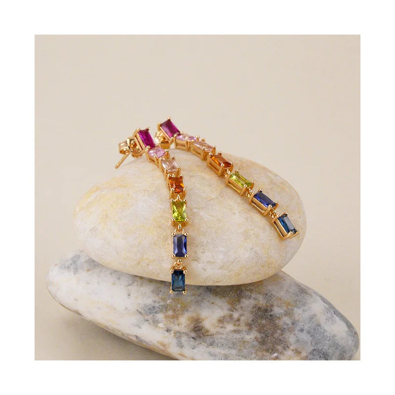 Summer Hot 925 Sterling Silver Rainbow Jewelry Gold Plated Baguette Cut Colorful Zircon Long Dangle Drop Earrings Women Party